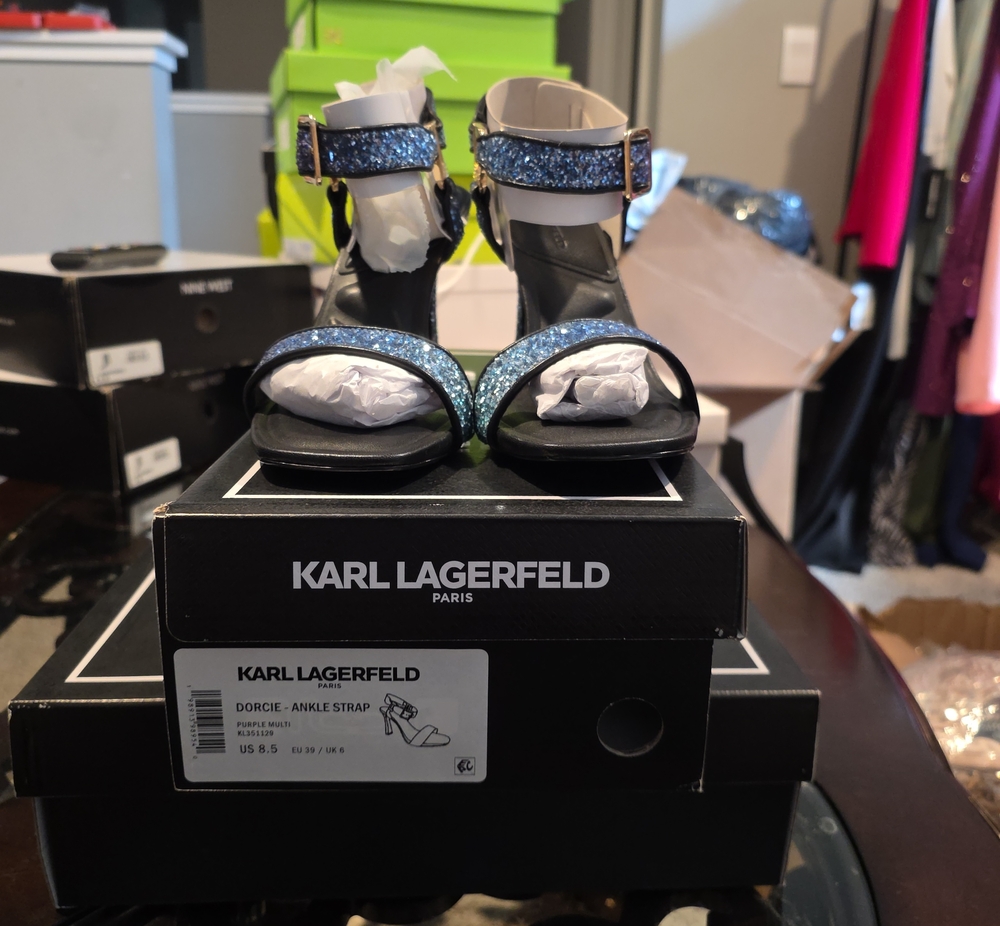 Karl Lagerfeld Blue Glitter Ankle-Strap Heels